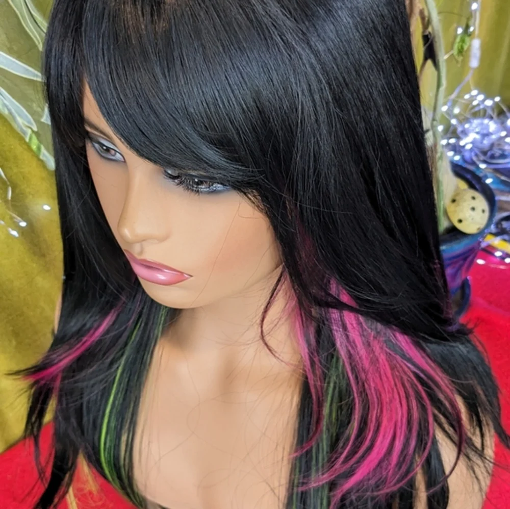 LAST ONE! Black wig with neon pink and green